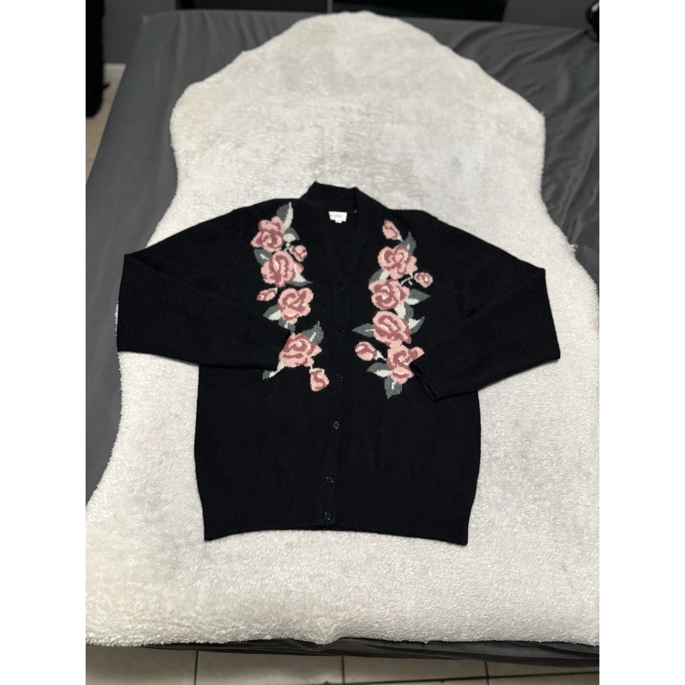 Vintage Outlander Women's Black Button Cardigan Floral Sweater Wool Rabbit Hair